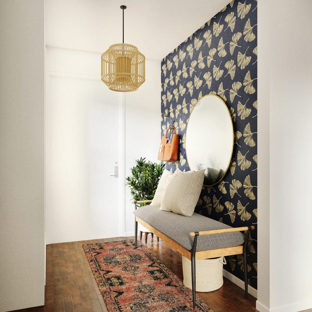 runner in entry hall under bench against striking wallpapered wall